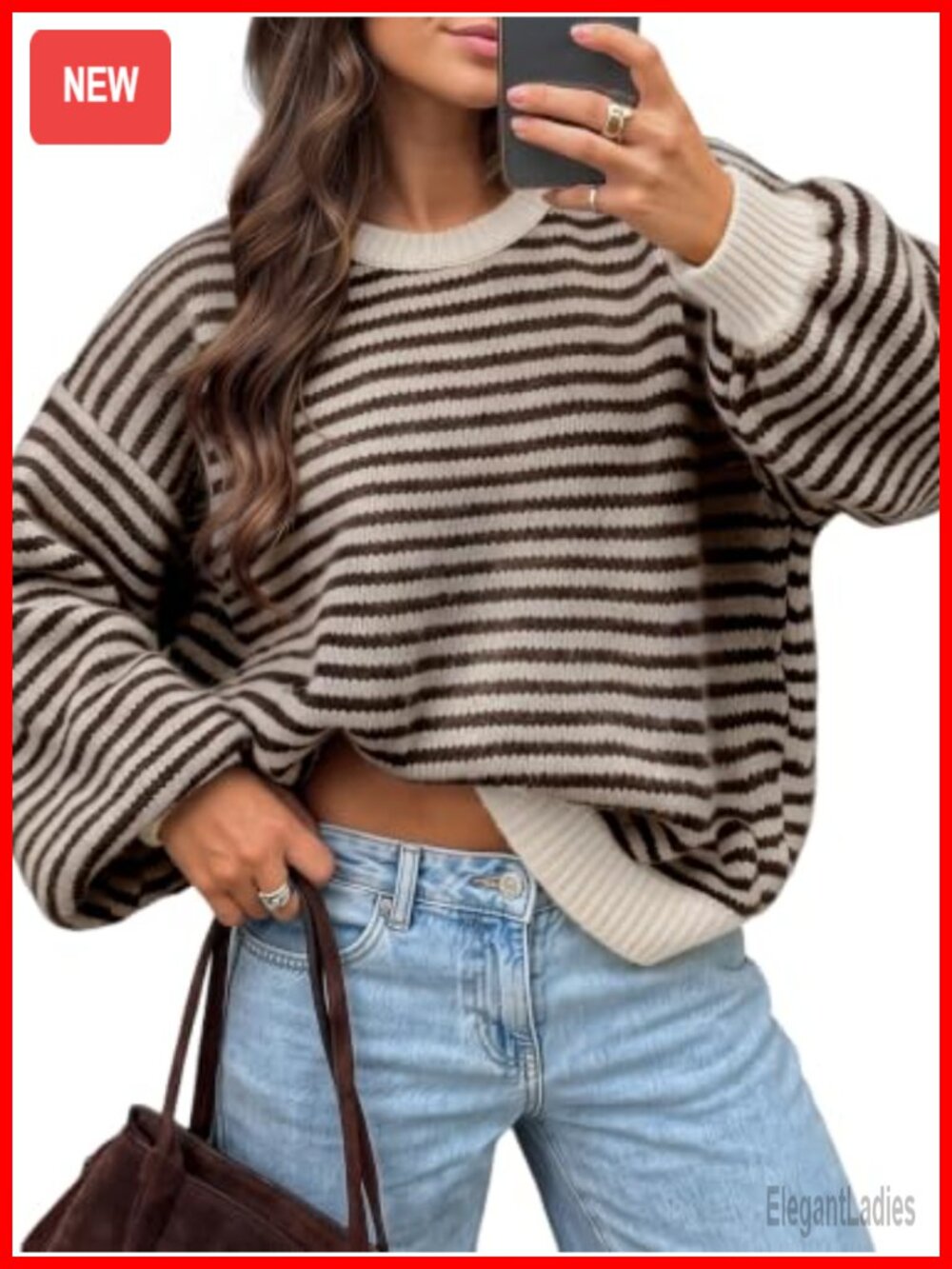 Womens Oversized Striped Sweater Batwing Sleeve Crew Neck Pullover